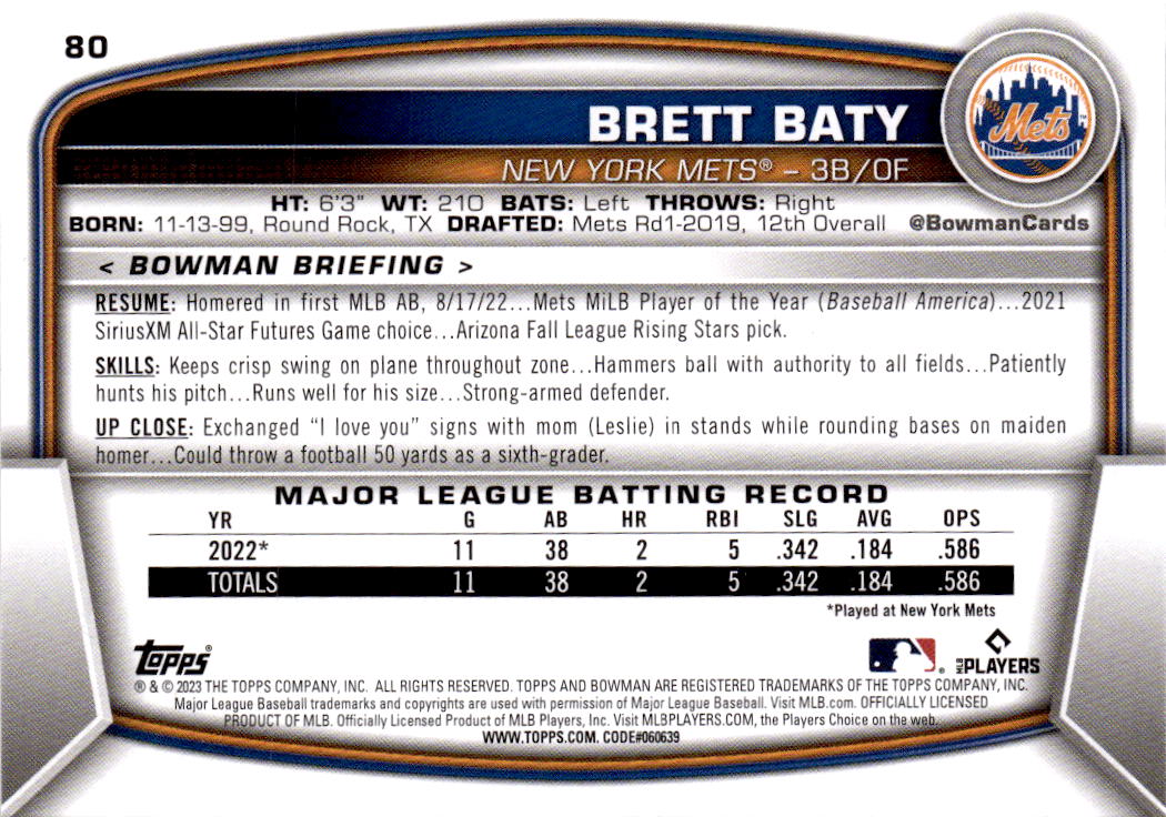 2023 Bowman #80 Brett Baty