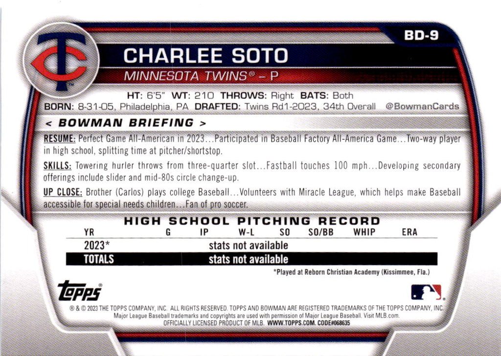 2023 Bowman Draft #BD-9 Charlee Soto Sky Blue #/499