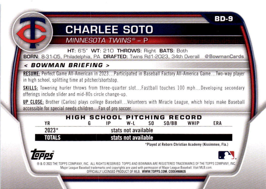 2023 Bowman Draft #BD-9 Charlee Soto Sky Blue #/499