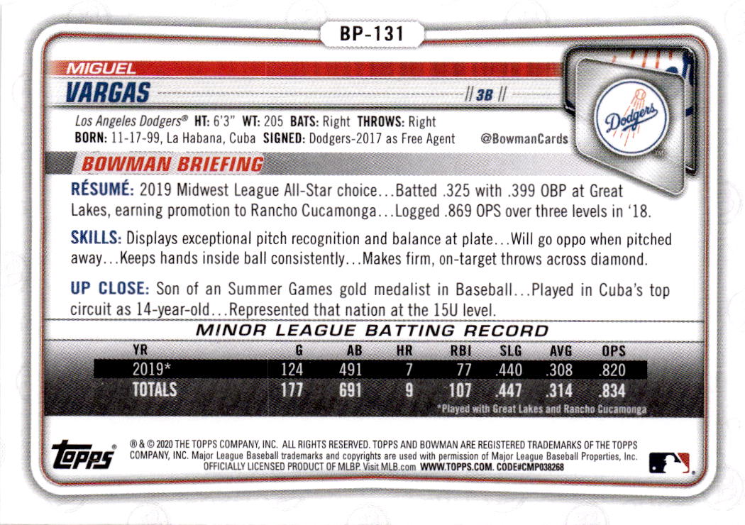 2020 Bowman #BP-131 Miguel Vargas Prospects