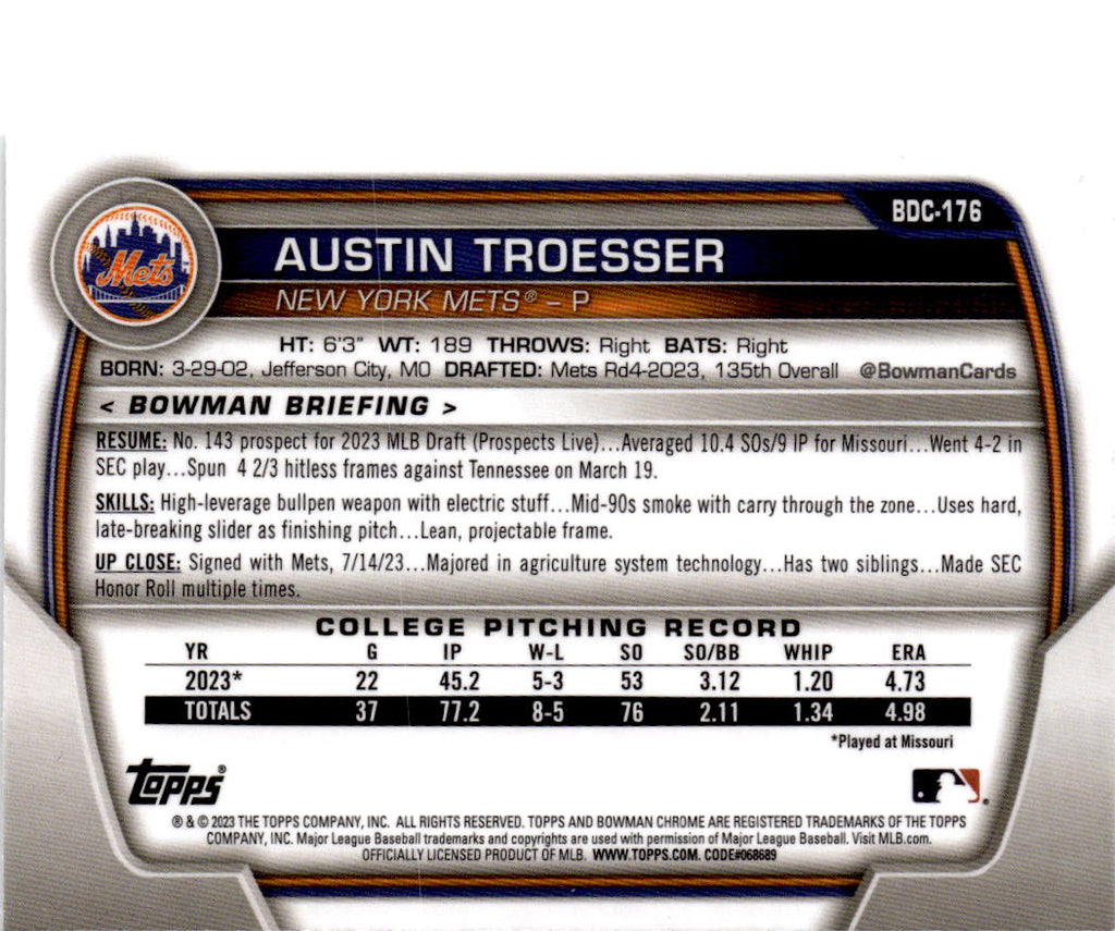 2023 Bowman Draft #BDC-176 Austin Troesser Chrome Refractor