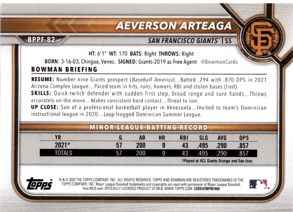 2022 Bowman 1st Edition #BPPF-82 Aeverson Arteaga