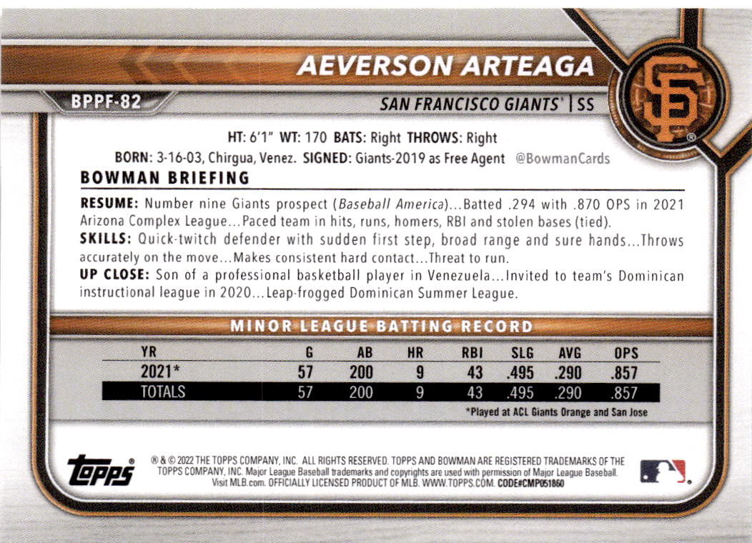 2022 Bowman 1st Edition #BPPF-82 Aeverson Arteaga