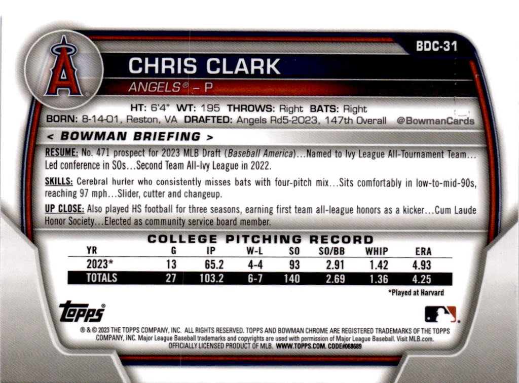 2023 Bowman Draft #BDC-31 Chris Clark Chrome Blue Refractor #/150