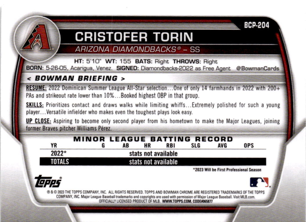 2023 Bowman Chrome #BCP-204 Cristofer Torin Prospects Shimmer Refractor