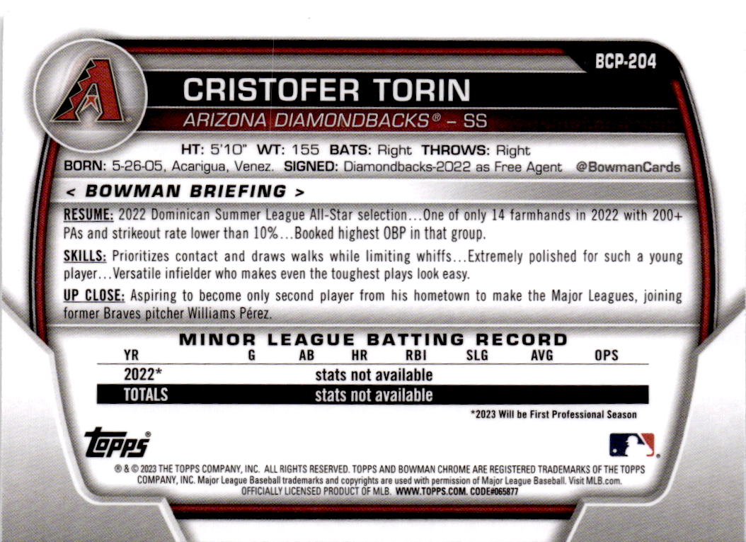 2023 Bowman Chrome #BCP-204 Cristofer Torin Prospects Shimmer Refractor