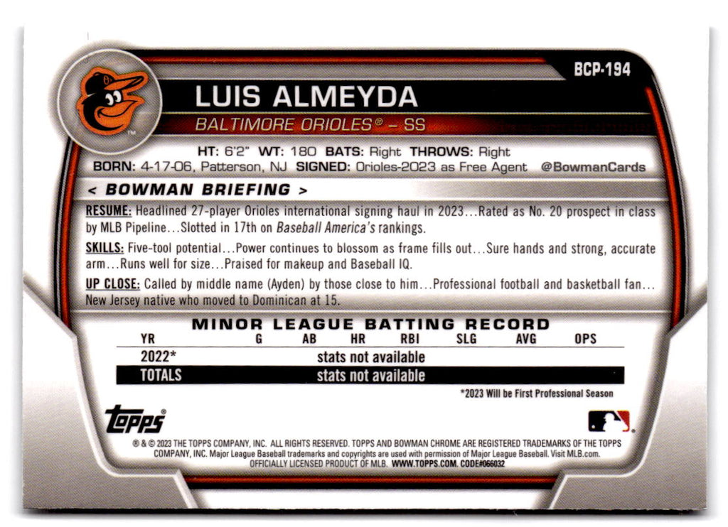 2023 Bowman Chrome #BCP-194 Luis Almeyda Prospects Mojo Refractor
