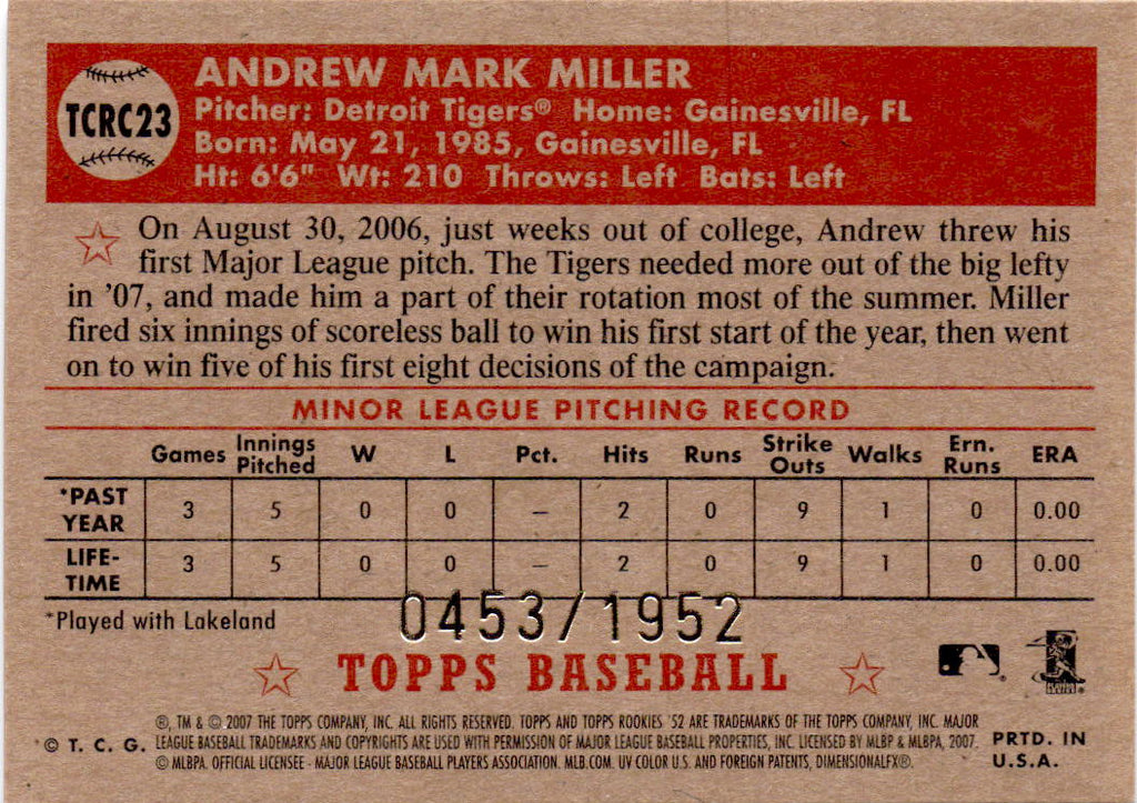 2007 Topps Rookie 1952 Edition #TCRC23 Andrew Miller Chrome #/1952