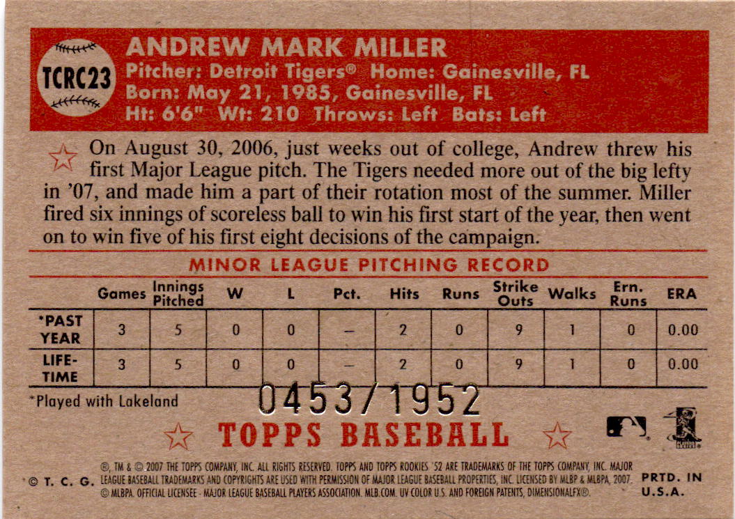 2007 Topps Rookie 1952 Edition #TCRC23 Andrew Miller Chrome #/1952