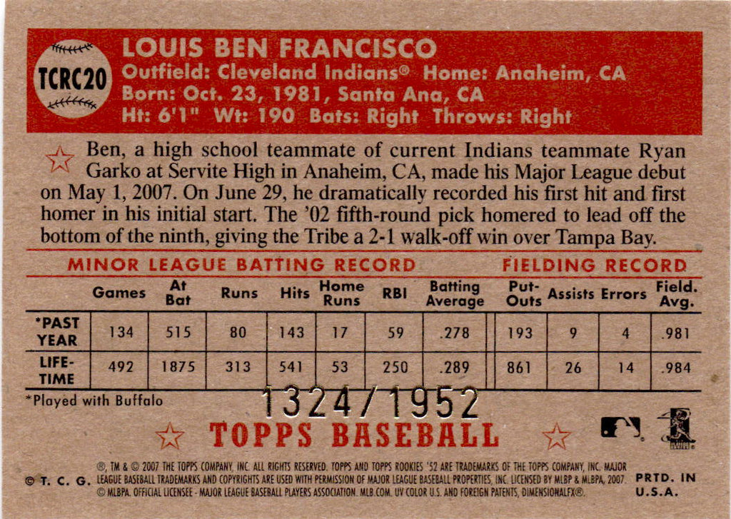 2007 Topps Rookie 1952 Edition #TCRC20 Ben Francisco Chrome #/1952