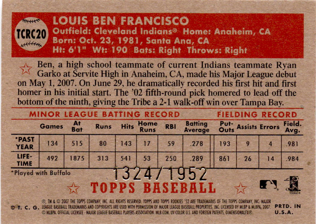 2007 Topps Rookie 1952 Edition #TCRC20 Ben Francisco Chrome #/1952