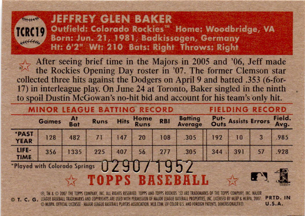 2007 Topps Rookie 1952 Edition #TCRC19 Jeff Baker Chrome #/1952