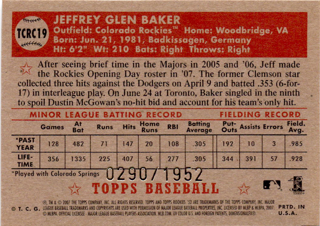 2007 Topps Rookie 1952 Edition #TCRC19 Jeff Baker Chrome #/1952