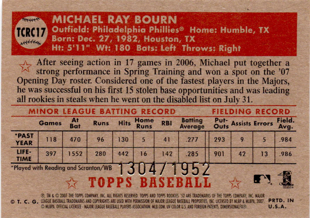 2007 Topps Rookie 1952 Edition #25 Michael Bourn Black Back