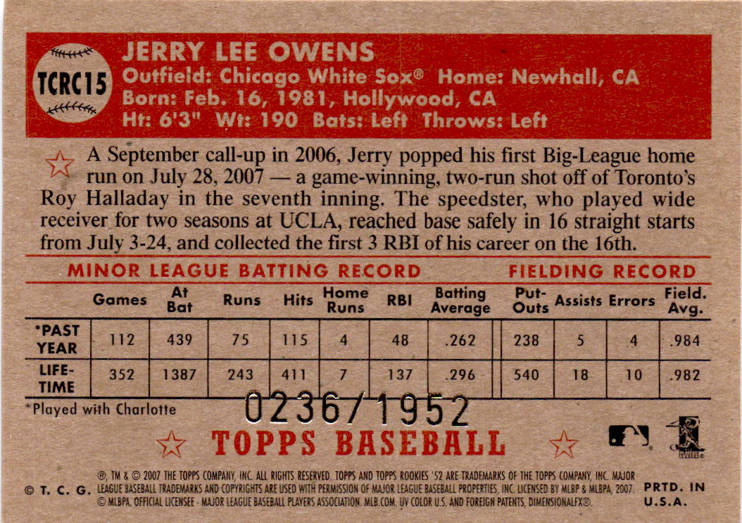 2007 Topps Rookie 1952 Edition #TCRC15 Jerry Owens Chrome #/1952