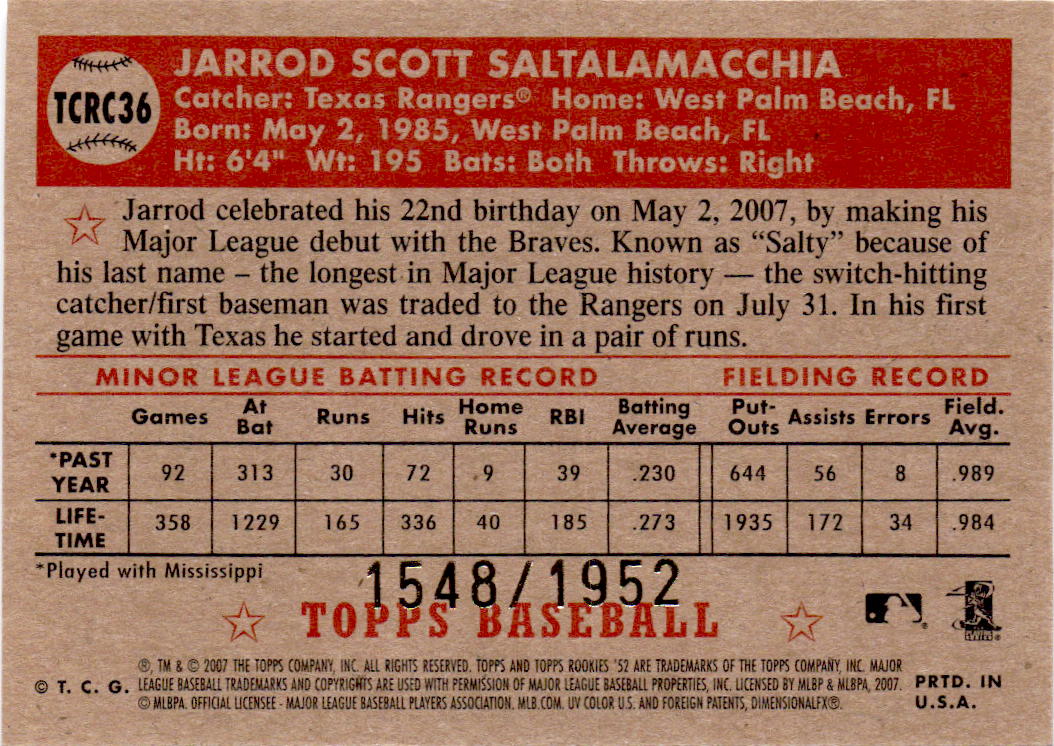 2007 Topps Rookie 1952 Edition #TCRC36 Jarrod Saltalamacchia Chrome #/1952