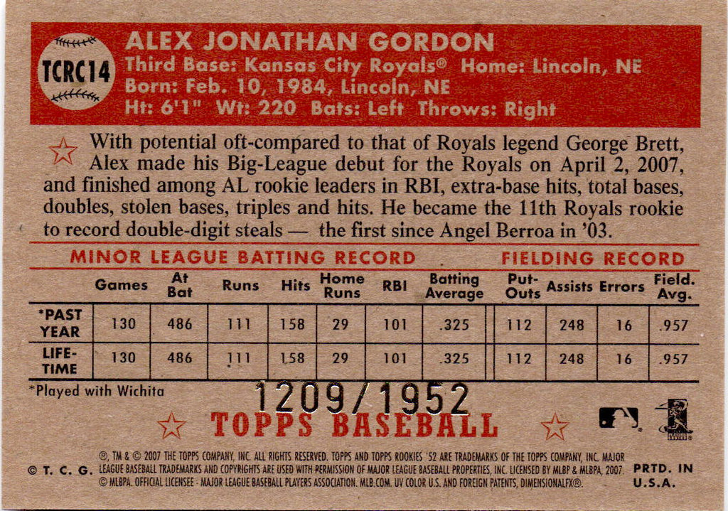 2007 Topps Rookie 1952 Edition #TCRC14 Alex Gordon Chrome #/1952