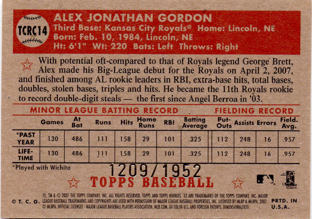 2007 Topps Rookie 1952 Edition #TCRC14 Alex Gordon Chrome #/1952