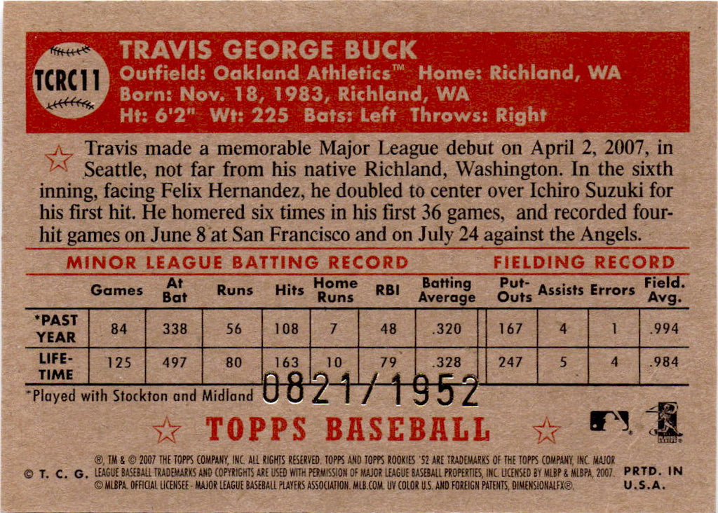 2007 Topps Rookie 1952 Edition #TCRC11 Travis Buck Chrome #/1952