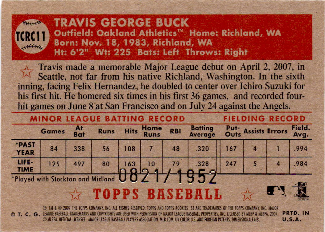 2007 Topps Rookie 1952 Edition #TCRC11 Travis Buck Chrome #/1952