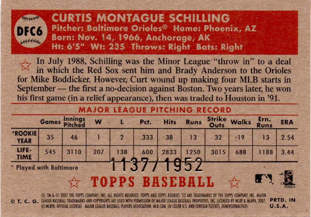 2007 Topps Rookie 1952 Edition Curt Schilling Debut Flashbacks Chrome #/1952
