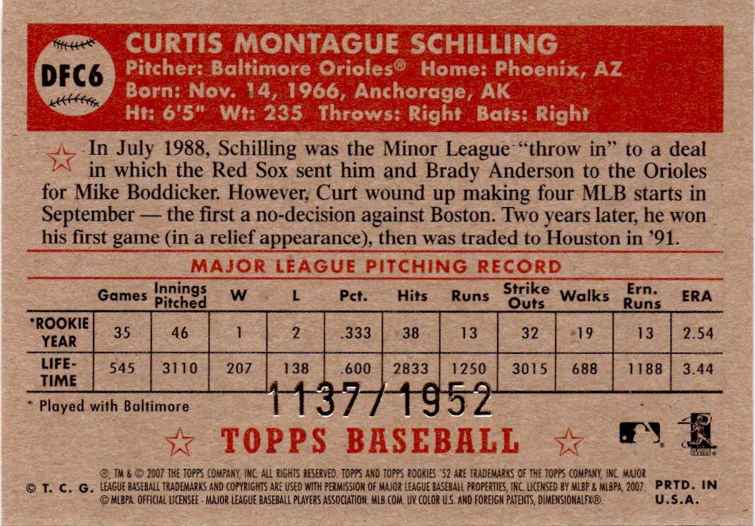 2007 Topps Rookie 1952 Edition Curt Schilling Debut Flashbacks Chrome #/1952