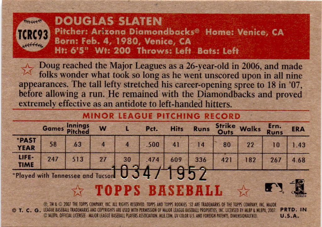 2007 Topps Rookie 1952 Edition #TCRC93 Doug Slaten Chrome #/1952