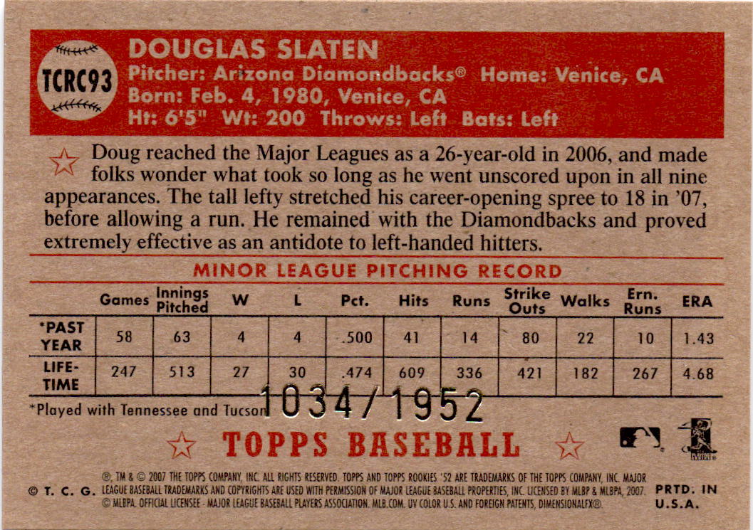 2007 Topps Rookie 1952 Edition #TCRC93 Doug Slaten Chrome #/1952