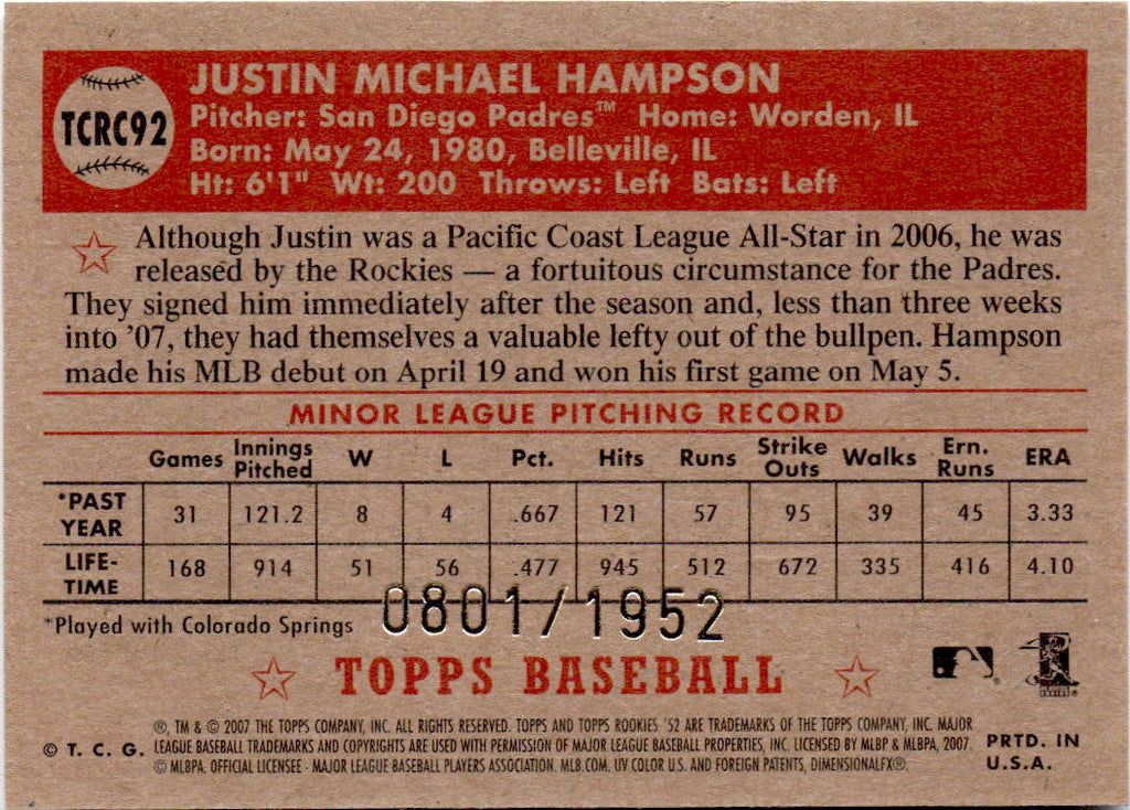 2007 Topps Rookie 1952 Edition #TCRC92 Justin Hampson Chrome #/1952