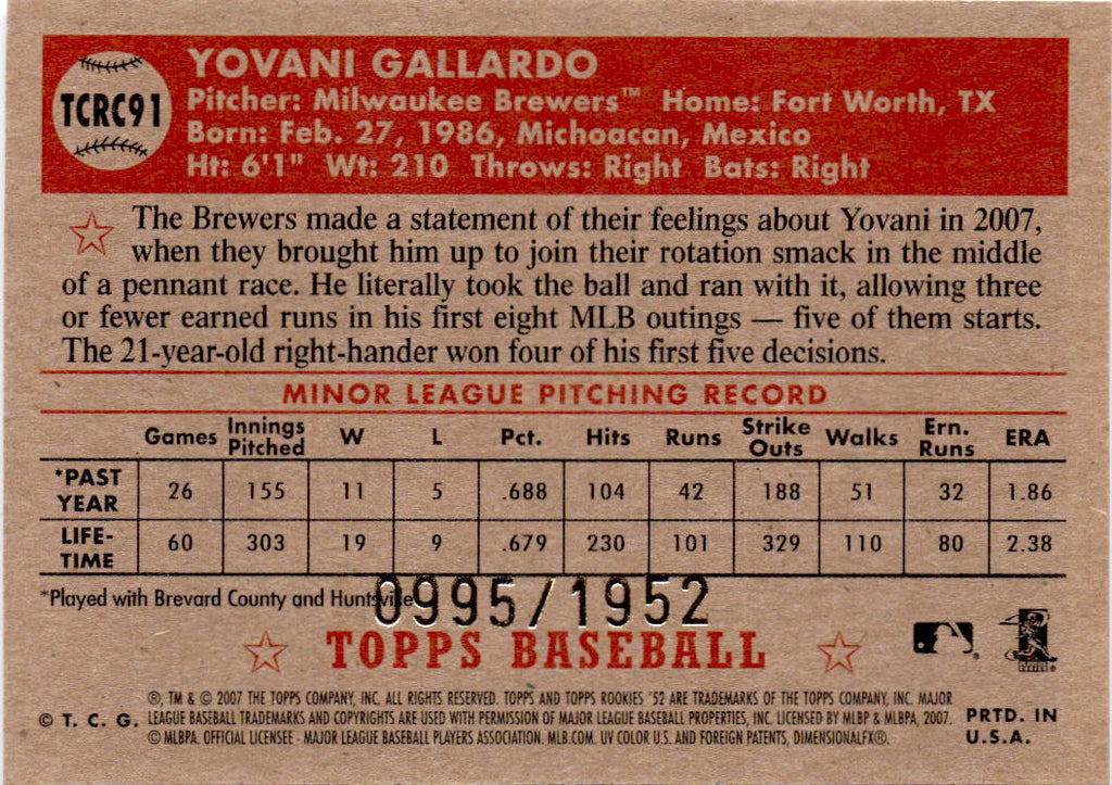2007 Topps Rookie 1952 Edition #TCRC91 Yovani Gallardo Chrome #/1952