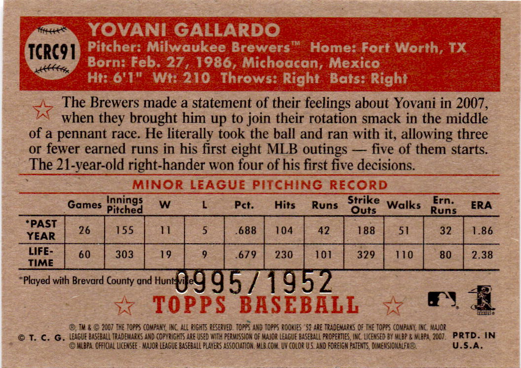 2007 Topps Rookie 1952 Edition #TCRC91 Yovani Gallardo Chrome #/1952