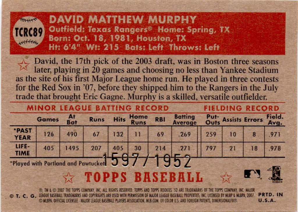 2007 Topps Rookie 1952 Edition #TCRC89 David Murphy Chrome #/1952