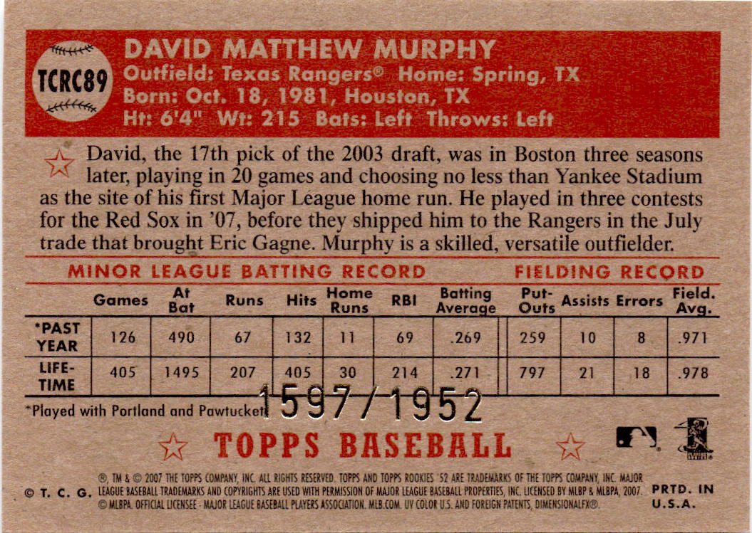2007 Topps Rookie 1952 Edition #TCRC89 David Murphy Chrome #/1952
