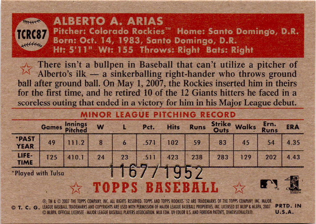 2007 Topps Rookie 1952 Edition #TCRC87 Alberto Arias Chrome #/1952