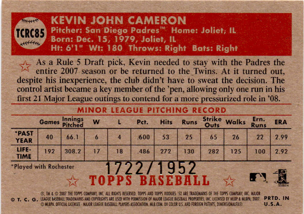 2007 Topps Rookie 1952 Edition #TCRC85 Kevin Cameron Chrome #/1952
