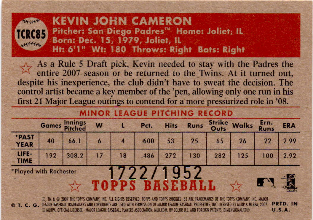 2007 Topps Rookie 1952 Edition #TCRC85 Kevin Cameron Chrome #/1952