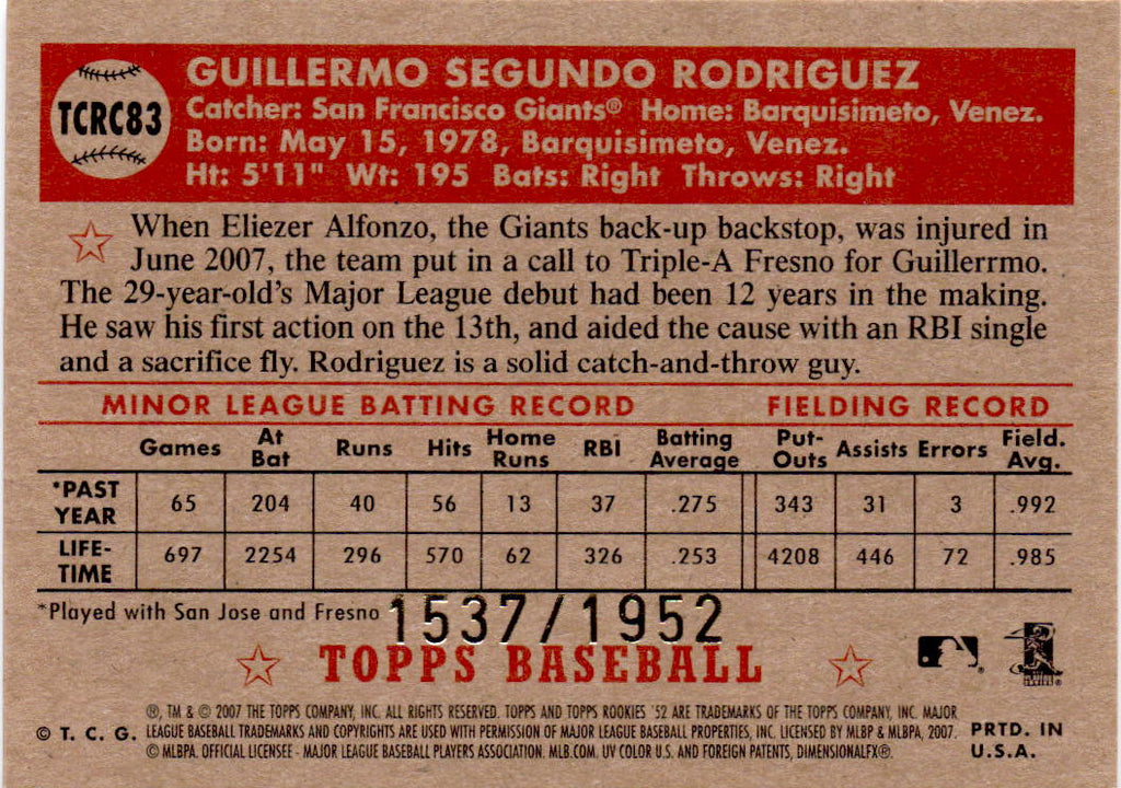 2007 Topps Rookie 1952 Edition #TCRC83 Guillermo Rodriguez Chrome #/1952