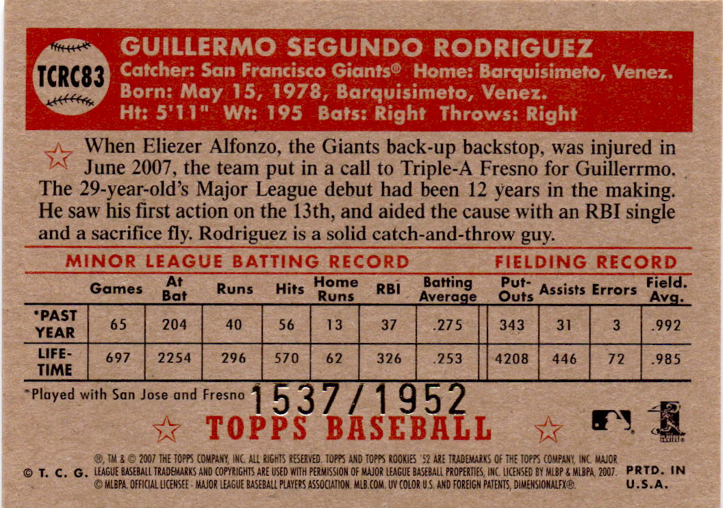 2007 Topps Rookie 1952 Edition #TCRC83 Guillermo Rodriguez Chrome #/1952