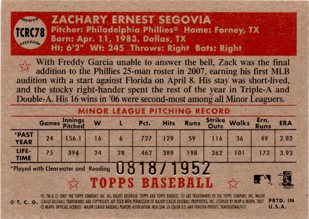 2007 Topps Rookie 1952 Edition #TCRC78 Zack Segovia Chrome #/1952