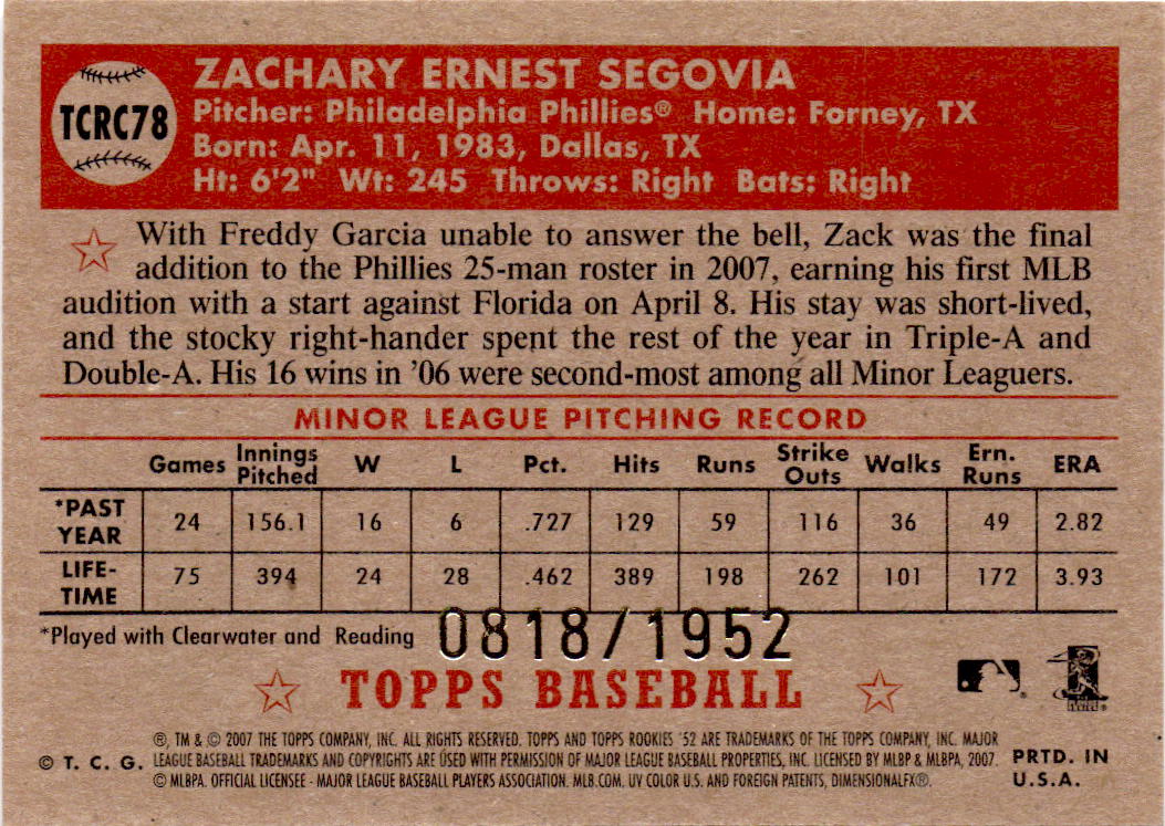 2007 Topps Rookie 1952 Edition #TCRC78 Zack Segovia Chrome #/1952