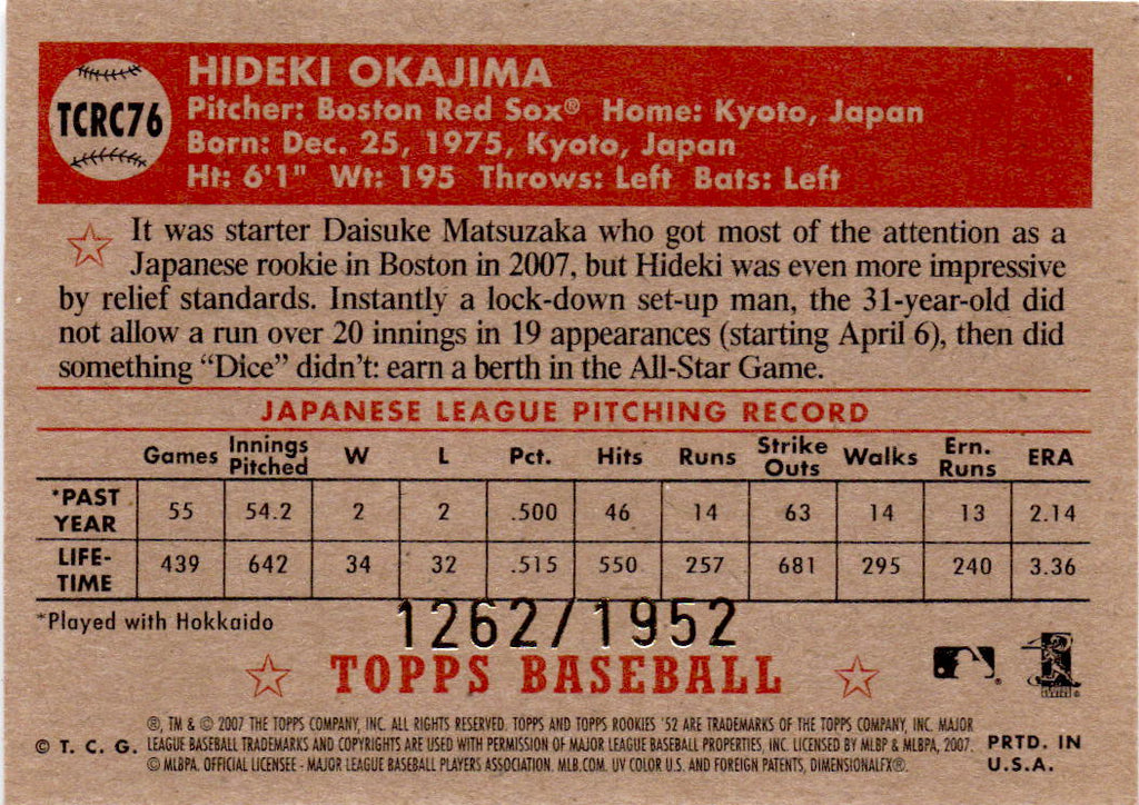 2007 Topps Rookie 1952 Edition #TCRC76 Hideki Okajima Chrome #/1952