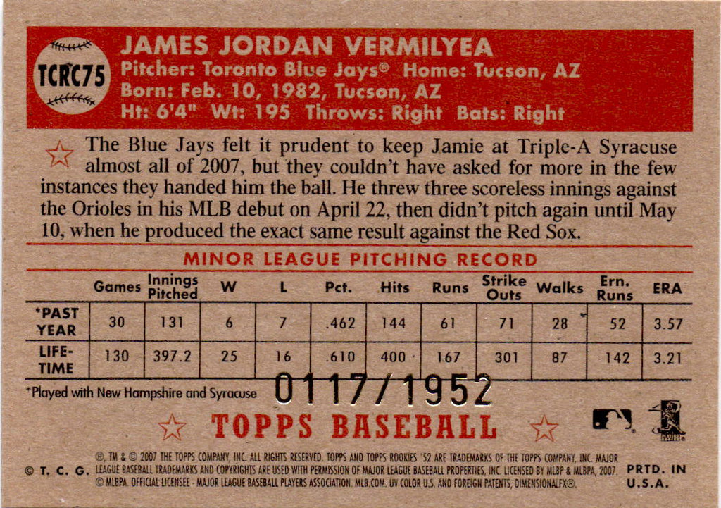 2007 Topps Rookie 1952 Edition #TCRC75 Jamie Vermilyea Chrome #/1952