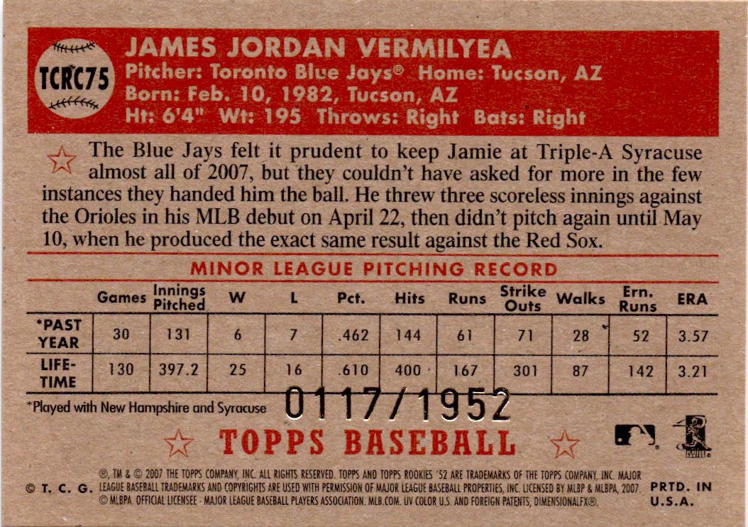 2007 Topps Rookie 1952 Edition #TCRC75 Jamie Vermilyea Chrome #/1952
