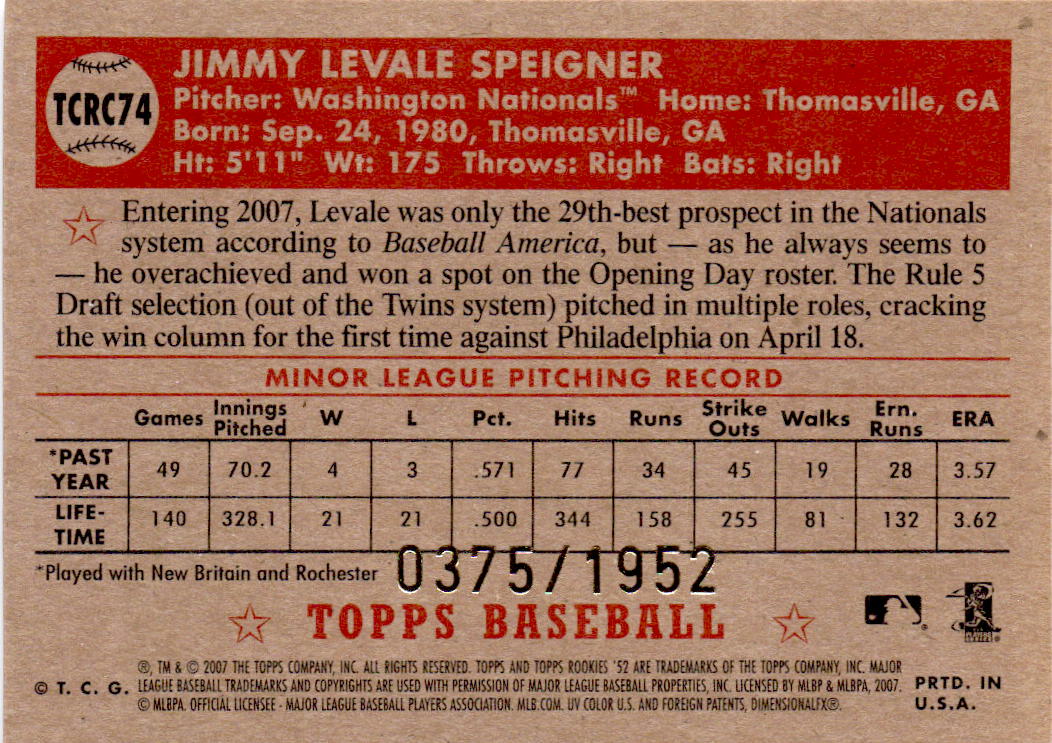 2007 Topps Rookie 1952 Edition #TCRC74 Levale Speigner Chrome #/1952