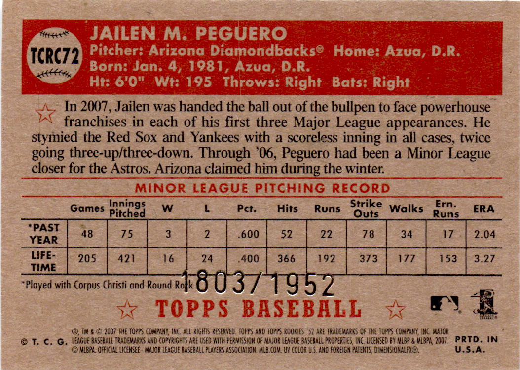 2007 Topps Rookie 1952 Edition #TCRC72 Jailen Peguero Chrome #/1952