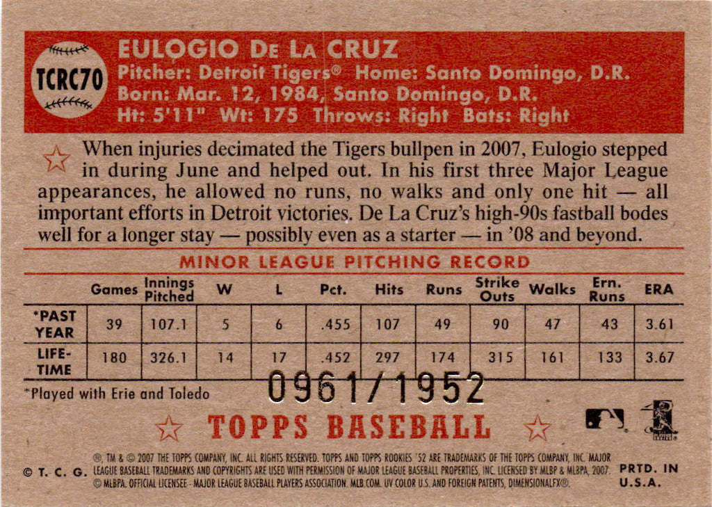 2007 Topps Rookie 1952 Edition #TCRC70 Eulogio De La Cruz Chrome #/1952