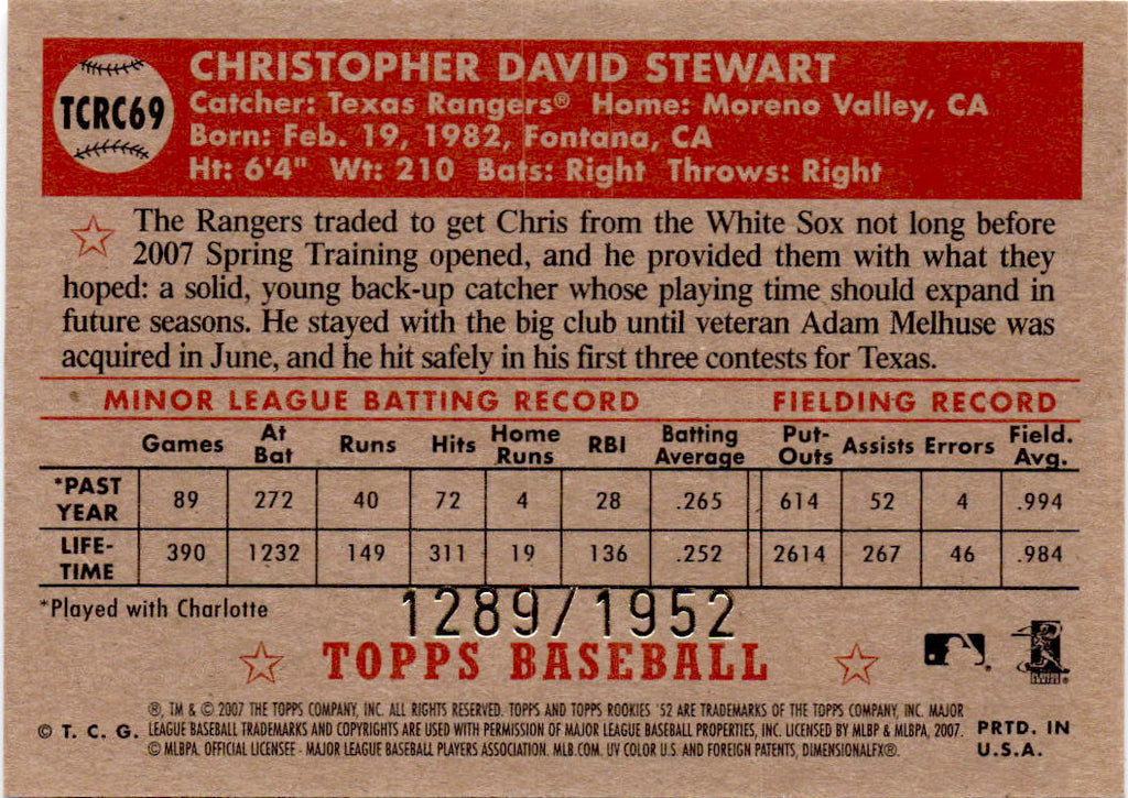 2007 Topps Rookie 1952 Edition #TCRC69 Chris Stewart Chrome #/1952
