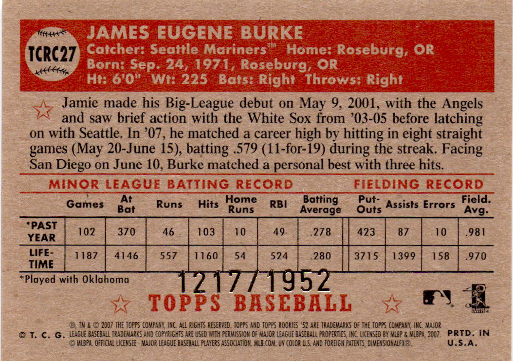 2007 Topps Rookie 1952 Edition #TCRC27 Jamie Burke Chrome #/1952