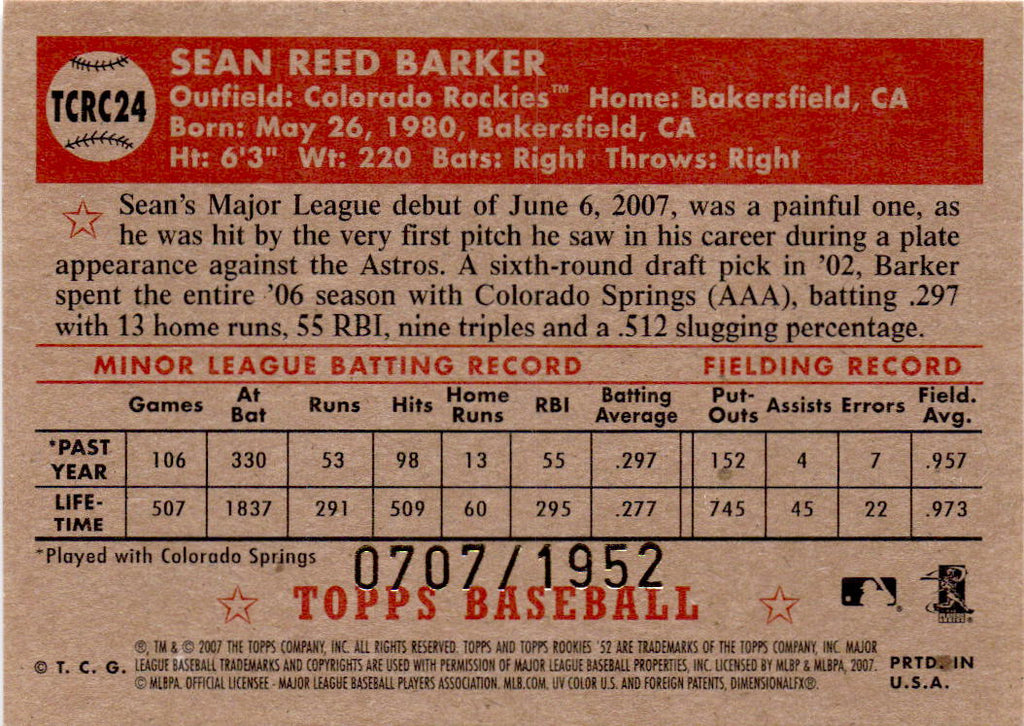 2007 Topps Rookie 1952 Edition #TCRC24 Sean Barker Chrome #/1952