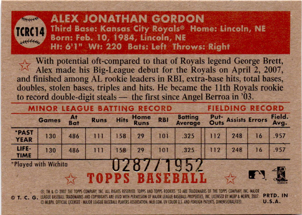 2007 Topps Rookie 1952 Edition #TCRC14 Alex Gordon Chrome #/1952